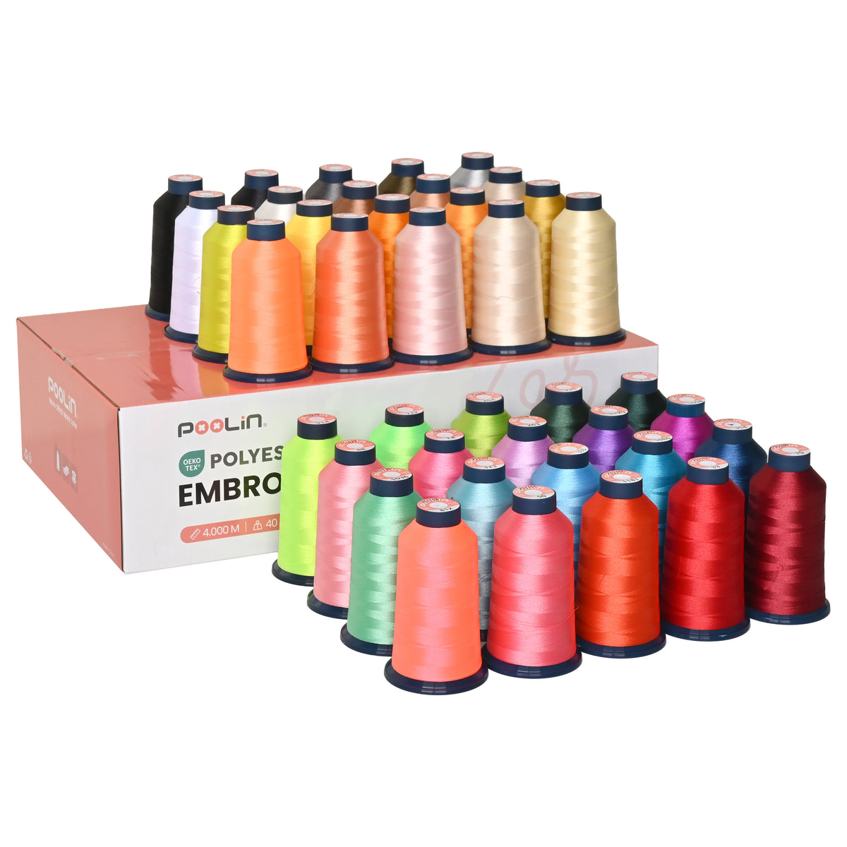 PooLin Fil à Broder Machine – 40 Bobines × 4 000 m | Polyester 40 WT Indélavable