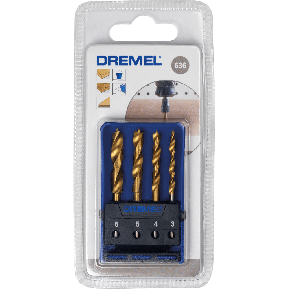 Dremel Jeu de forets à bois 636 - pack 4 forets titane 3mm 4mm 5mm 6mm tige 3,2mm