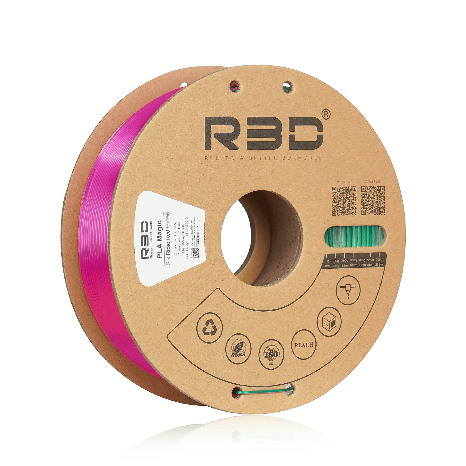 Filament PLA bicolore soyeux R3D Magic Silk rouge rosé vert royal – reflets changeants impression 3D 1,75mm 1kg — Smooth Color