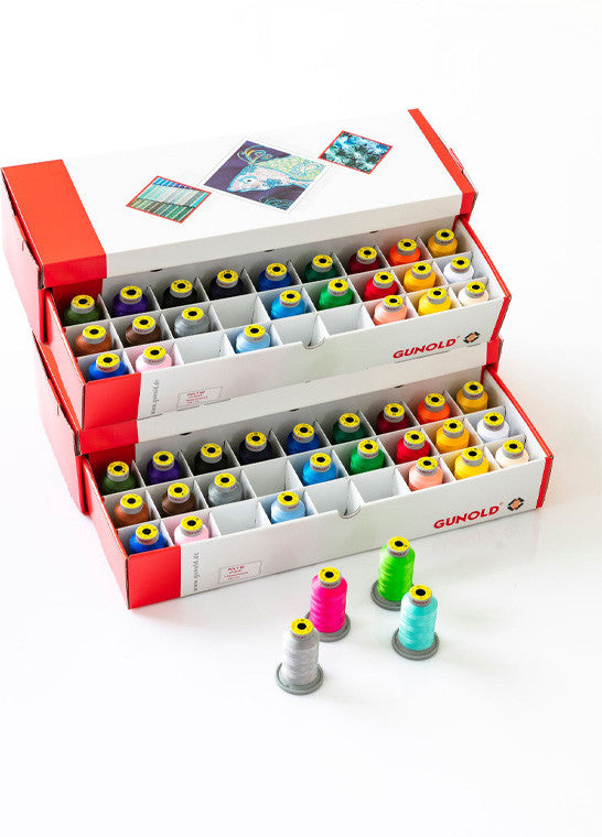 Gunold - Assortiment 54 Bobines POLY 60 — Fil à Broder Polyester Brillant 1 500 m