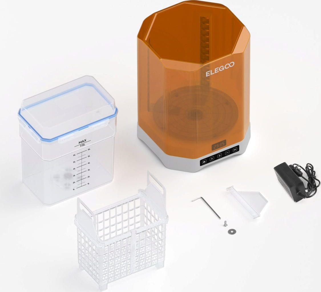 Contenu boîte ELEGOO Mercury Plus V3.0 — cuve 7,5L, panier, supports réglables, plateau rotatif