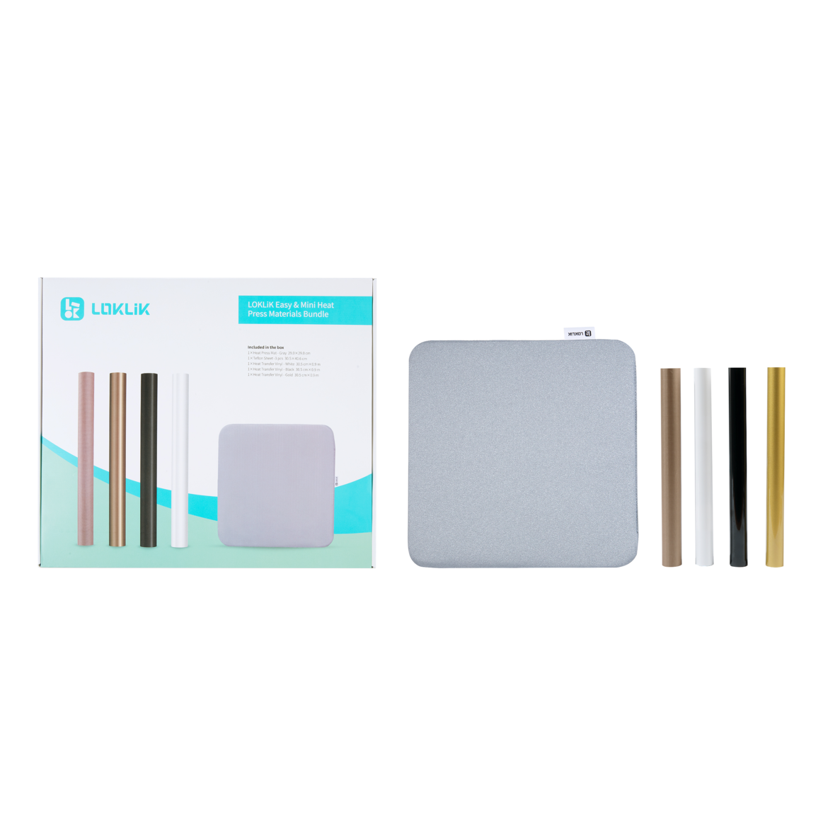 LOKLiK Kit démarrage Mini Easy Heat Press vue ensemble tapis téflon HTV