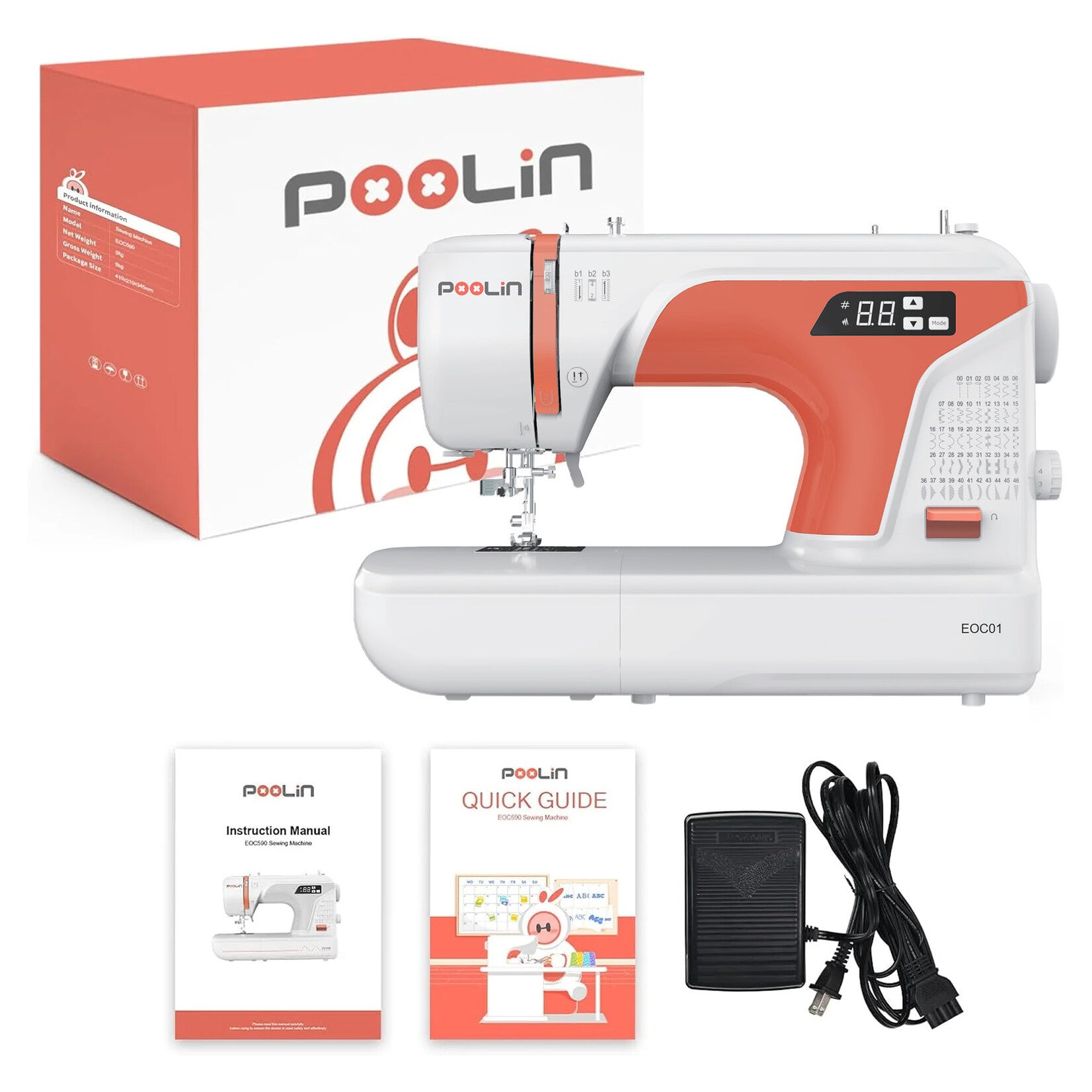 PooLin EOC01 machine a coudre - detail commandes et selecteur points